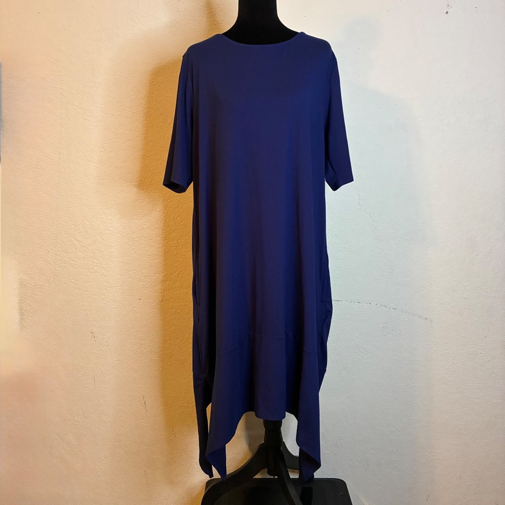 Cuddl Duds Flexwear Blue Sharkbite Hem Dress Midi PXL Petite Pockets Cozy Lounge - Picture 3 of 12